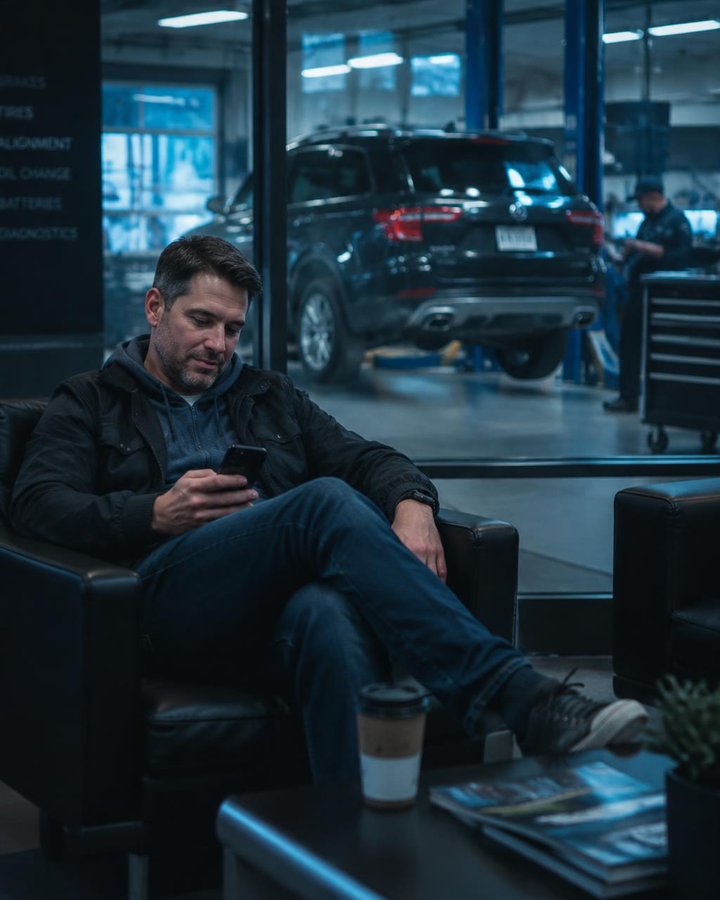 A driver reviewing a repair estimate on his phone in a dealership service lounge